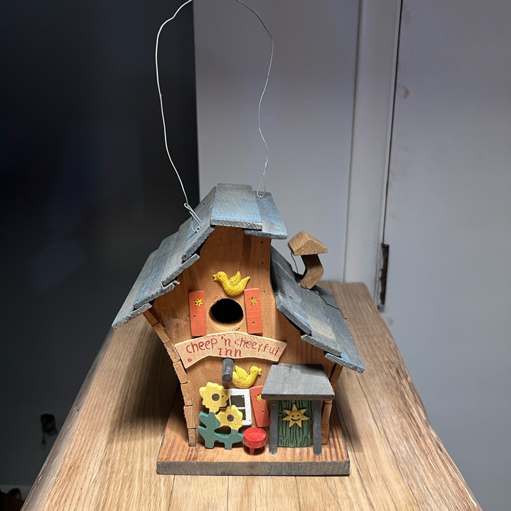 Rustic vintage Wooden Birdhouse with Flowers and Bird Accents